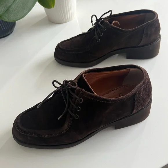 RARE VINTAGE Joan Helpern Brown Suede Laced Loafers Derbys 90s Y2K Joan & David - Picture 3 of 11